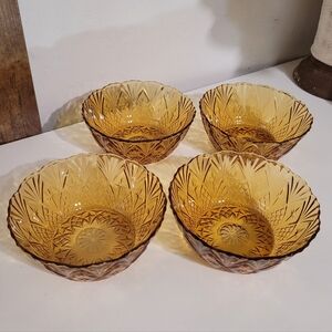 Vintage Amber Diamond Cut Glass Dessert Bowls - Set of 4
